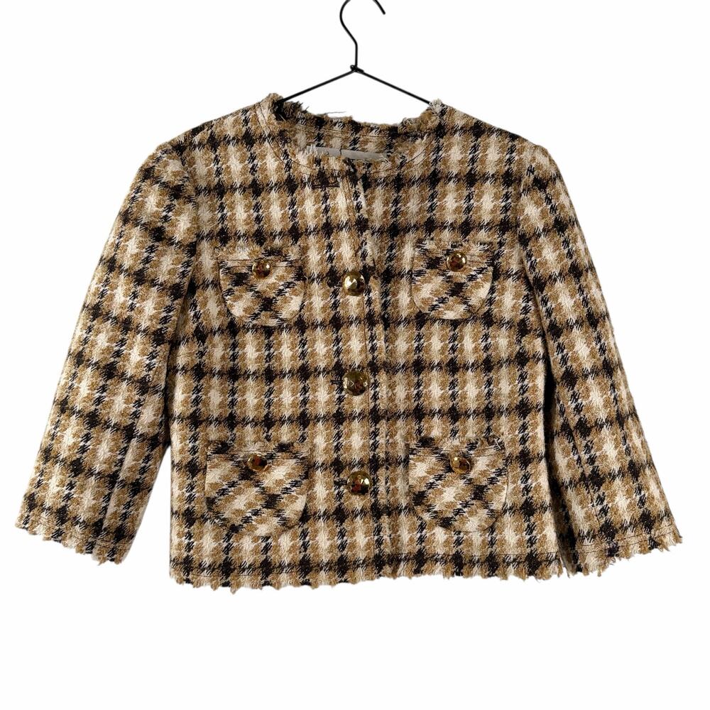 Trina Turk Wool Blend Plaid Tweed Cropped Jacket Gold Buttons Purple Lined 6